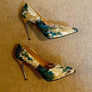 White, gold, and green heels never worn